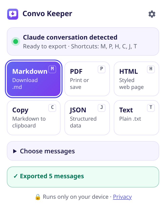 The Convo Keeper popup on a Claude conversation, showing six export formats and the message “Exported 5 messages”.